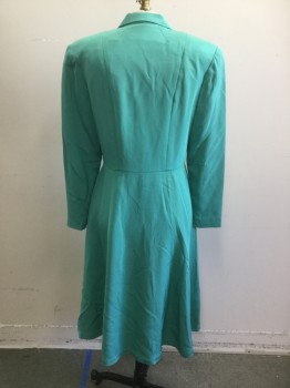 N/L MTO, Jade Green, Silk, Solid, Broadcloth, Long Sleeves, Shirtwaist, Pointy Collar Attached with Stain on Right Side (See Detail Photo), Tiny Patch Pocket at Bust, Padded Shoulders, Button Front, Pleats at Center Front Waist/Bust, Flared/Full Skirt, Knee Length, 2 Pockets at Hips in the Seam, Made To Order, Bodice Flat-lined in Muslin. Has Stress Marks at Front of Sleeve, See Detail Photo, Multiples,
