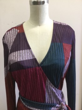 TANYA TAYLOR, Teal Blue, Red, Fuchsia Pink, Lavender Purple, Purple, Polyester, Elastane, Geometric, Cross Over V-neck,  Self Ribbed Knit, Long Sleeves, Sheer