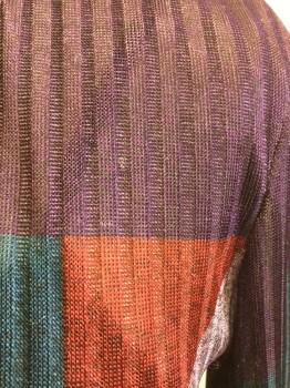 Womens, Dress, 2 Pieces, TANYA TAYLOR, Teal Blue, Red, Fuchsia Pink, Lavender Purple, Purple, Polyester, Elastane, Geometric, M, Cross Over V-neck,  Self Ribbed Knit, Long Sleeves, Sheer