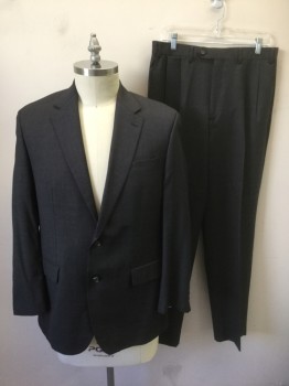 RALPH LAUREN, Gray, Blue, Wool, Grid , Gray with Blue Faint Grid Stripes, Single Breasted, Notched Lapel, 2 Buttons, 3 Pockets, Solid Gray Lining