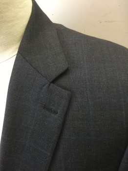 RALPH LAUREN, Gray, Blue, Wool, Grid , Gray with Blue Faint Grid Stripes, Single Breasted, Notched Lapel, 2 Buttons, 3 Pockets, Solid Gray Lining