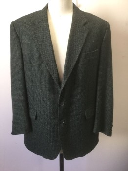 Mens, Sportcoat/Blazer, MOORES, Dk Green, Black, Olive Green, Wool, Alpaca, Speckled, Grid , 48L, Finely Speckled Busy Grid Pattern, Single Breasted, Notched Lapel, 2 Buttons, 3 Pockets, Solid Dark Green Satin Lining