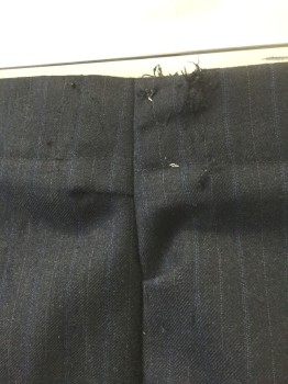 N/L MTO, Charcoal Gray, Navy Blue, Lt Gray, Wool, Stripes - Pin, Charcoal with Navy and Gray Pinstripes, Flat Front, Button Fly, Suspender Buttons at Inside Waistband, 2 Pockets, Made To Order Reproduction **Has Some Wear/Tear at Back Waistband