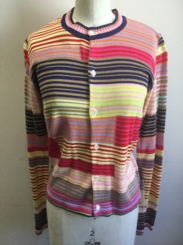 JUNYA WATANABE, Multi-color, Cotton, Stripes - Horizontal , Multicolor Horizontal Stripes (Orange, Fuchsia, Gray, Navy, Brown, Neon Yellow, Etc), Button Front, Round Neck,  Long Sleeves