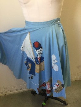 Womens, Skirt, MADALYN MILLER, Baby Blue, Multi-color, Cotton, Novelty Pattern, W:27, Circle Skirt, Solid Baby Blue with Large Appliqué of Fisherman Catching a Mermaid, 1.5" Wide Self Waistband, Side Zipper,