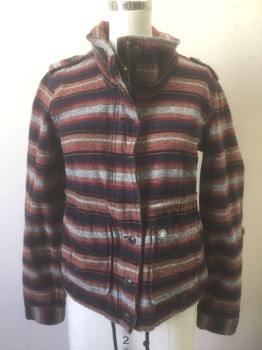 Womens, Casual Jacket, OBEY PROPAGANDA, Multi-color, Terracotta Brown, Navy Blue, Black, Lt Gray, Cotton, Stripes - Horizontal , XS, Zip and Button Front, Tall Stand/Cowl Collar, Epaulettes at Shoulders, Drawstring at Inside Waist, 2 Patch Pockets at Hips, No Lining