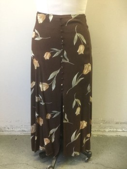 N/L, Brown, Ecru, Tan Brown, Sage Green, Rayon, Floral, Self Fabric Decorative Buttons Vertically Down Center Front, Large Slit/Vent at Center Front, Ankle Length, Center Back Zipper,