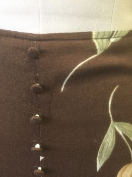 N/L, Brown, Ecru, Tan Brown, Sage Green, Rayon, Floral, Self Fabric Decorative Buttons Vertically Down Center Front, Large Slit/Vent at Center Front, Ankle Length, Center Back Zipper,
