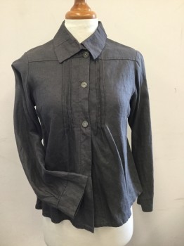 N/L, Gray, Linen, Solid, 8 Panelled Collar, Three Buttons, Tuck Pleats at Front, Yoke Front and Back, Long Sleeves. Fake Button Closure with Snaps,