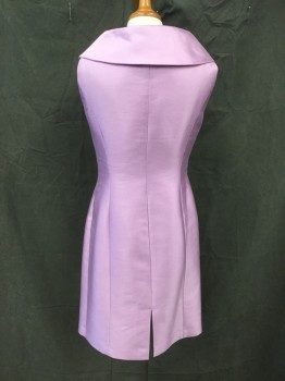 TAHARI, Lavender Purple, Wool, Silk, Solid, Satiny Material, Sleeveless, Large Wrapped Collar with Oversized Self Fabric Covered Button Detail, Sheath, Knee Length, Princess Seams