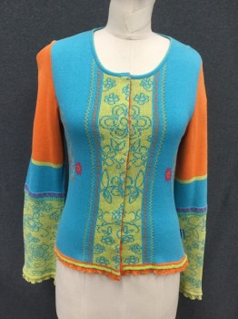 OILILY, Turquoise Blue, Orange, Pea Green, Fuchsia Pink, Cotton, Color Blocking, Floral, Snap Front, Scoop Neck, Long Bell Sleeves, Floral Detail Center Front/ Sides/Sleeves, Orange Crochet Hem, Pea Green Crochet Sleeve Hem