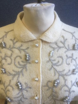 Womens, Sweater, "KIMS" KIMBERLY KNIT, Cream, Gray, Pearl White, Wool, Beaded, Swirl , Leaves/Vines , B:34, Cream Knit Cardigan with Gray Vines Swirled Appliqués, Pearl Beads, 3/4 Sleeves, Peter Pan Collar, Pearl Buttons at Center Front,