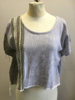 Womens, Top, BAIZAAR, Lt Blue, White, Gray, Linen, Stripes, S, Southwestern Inspired, Baja Hoodie Inspired, Ikat-like, with Gray Side Stripes, Appears Open on Sides But is Closed, White Twisted Knot Fringe, Scoop Neck, Cross Strap Back