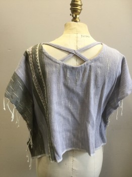 Womens, Top, BAIZAAR, Lt Blue, White, Gray, Linen, Stripes, S, Southwestern Inspired, Baja Hoodie Inspired, Ikat-like, with Gray Side Stripes, Appears Open on Sides But is Closed, White Twisted Knot Fringe, Scoop Neck, Cross Strap Back