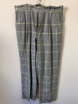 POLO, Ivory White, Black, Lt Blue, Yellow, Cotton, Houndstooth, Plaid-  Windowpane, Pleated Front, Belt Loops, Cuffs, 4 Pockets, 2 Adjustable Belts Above Back Pockets