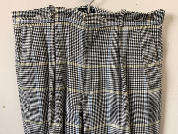 Mens, Pants, POLO, Ivory White, Black, Lt Blue, Yellow, Cotton, Houndstooth, Plaid-  Windowpane, 32/31, Pleated Front, Belt Loops, Cuffs, 4 Pockets, 2 Adjustable Belts Above Back Pockets