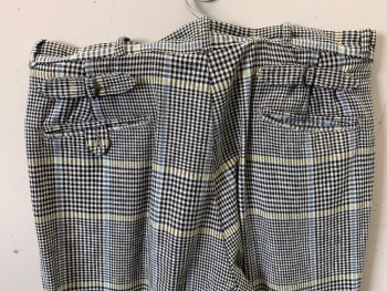 POLO, Ivory White, Black, Lt Blue, Yellow, Cotton, Houndstooth, Plaid-  Windowpane, Pleated Front, Belt Loops, Cuffs, 4 Pockets, 2 Adjustable Belts Above Back Pockets