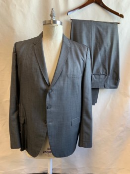 Mens, 1960s Vintage, Suit, Jacket, BENEDETTI, Dk Gray, Wool, Silk, Solid, 44L, Single Breasted, Collar Attached, Notched Lapel, 2 Buttons, 3 Pockets