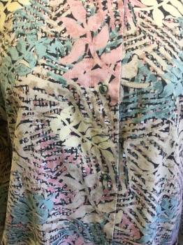 Womens, Scrub Jacket Women, N/L, Tan Brown, Mint Green, Pink, White, Cotton, Polyester, Floral, S, 80s Floral Pattern, Snap Front, Long Sleeves, White Ribbed Knit Cuff, 2 Patch Pockets