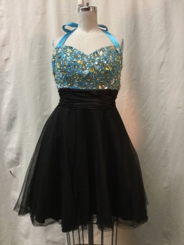 FLIRT, Black, Turquoise Blue, Yellow, Synthetic, Polyester, Color Blocking, Black, Turquoise Bust With Bead/ Sequin/ Rhinestone Bust, Gathered Black Waist, Tulle Skirt, Sleeveless,