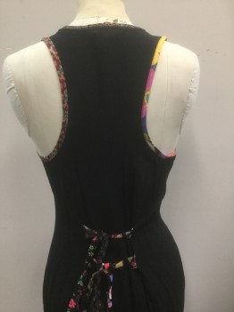 ZOE, Black, Rayon, Solid, Crinkled Texture Gauze, Sleeveless with 1" Straps, Multicolor Floral Trim at Armholes and Scoop Neck, Colorful Assorted Style Button Closures Down Center Front, Ankle Length, Self Floral Pattern Ties at Center Back Waist,
