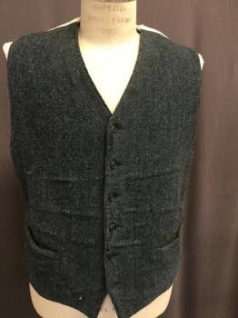 Mens, Historical Fiction Vest, MTO, Teal Blue, Navy Blue, Green, Wool, Herringbone, 42, Heathered Teal, Navy Striped Lining, Self Herringbone, 6 Button Front, Slit Pockets, Cream Full Back Slightly Distressed, Stained,