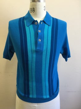 N/L, Blue, Aqua Blue, Dk Blue, Synthetic, Stripes - Vertical , Knit Polo, Short Sleeves, 3 Buttons, Ribbed Knit Collar Attached/Cuff/Waistband