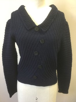 Womens, Sweater, N/L, Navy Blue, Wool, Solid, B:34, Ribbed Knit, Pullover, V-neck with Self Collar Attached, 5 Dark Navy Buttons Decoratively Attached in Off Kilter Vertical Column at Center Front, Cream Silk Lining,