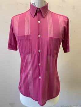 GREATWAY, Orchid Purple, Nylon, Solid, Sheer with Textured Knit Vertical Stripes, Short Sleeved Button Front, Collar Attached, 2 Patch Pockets,