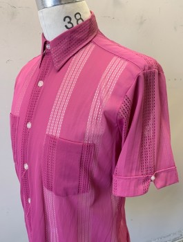 GREATWAY, Orchid Purple, Nylon, Solid, Sheer with Textured Knit Vertical Stripes, Short Sleeved Button Front, Collar Attached, 2 Patch Pockets,