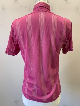 Mens, Casual Shirt, GREATWAY, Orchid Purple, Nylon, Solid, N:15.5, Sheer with Textured Knit Vertical Stripes, Short Sleeved Button Front, Collar Attached, 2 Patch Pockets,