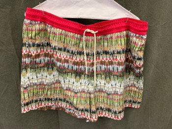 Mens, Swim Trunks, T. CHRISTOPHER, Hot Pink, Olive Green, White, Dk Green, Polyester, Nylon, Tie-dye, Stripes, XL, Smocked Hot Pink Solid Drawstring Waistband, Tie Dyed Stripe, 3 Pockets, Multiple