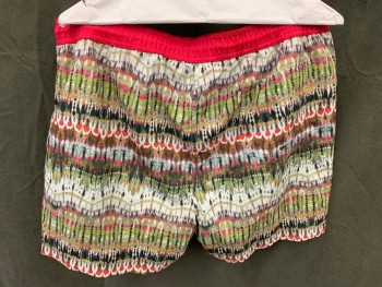 Mens, Swim Trunks, T. CHRISTOPHER, Hot Pink, Olive Green, White, Dk Green, Polyester, Nylon, Tie-dye, Stripes, XL, Smocked Hot Pink Solid Drawstring Waistband, Tie Dyed Stripe, 3 Pockets, Multiple