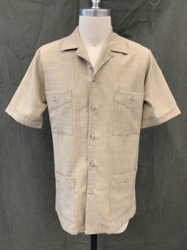 D'ACCORD, Brown, White, Polyester, 2 Color Weave, Button Front, Collar Attached, Short Sleeves, 4 Pockets, 1970's