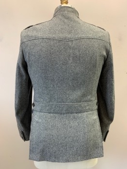 Mens, Casual Jacket, ZARA, Black, White, Wool, Viscose, Tweed, 44R, Mandarin Collar, Single Breasted, Button Front, 4 Pockets, with Pleat, Epaulets