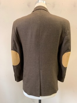 Mens, Sportcoat/Blazer, STAFFORD, Brown, Black, Gray, Wool, Polyester, Houndstooth, 38S, Notched Lapel, Single Breasted, Button Front, 3 Buttons, 3 Pockets, Khaki Elbow Patches