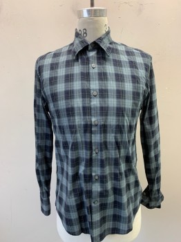 J VARVATOS, Sage Green, Black, Navy Blue, Gray, Cotton, Plaid, Multiple, Long Sleeves, Button Front, Collar Attached,