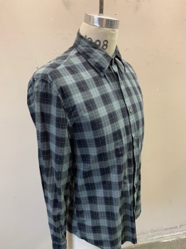 J VARVATOS, Sage Green, Black, Navy Blue, Gray, Cotton, Plaid, Multiple, Long Sleeves, Button Front, Collar Attached,