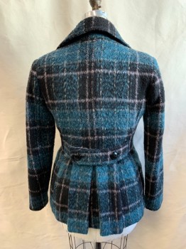 BCBGENERATION, Teal Blue, Black, Gray, Polyester, Wool, Plaid, Fleece, Double Breasted, Oversized Collar Attached and Notched Lapel, 2 Pockets, Long Sleeves, Button Tab Back Waist, Back Waist Box Pleats