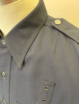 FLYING CROSS, Navy Blue, Wool, Solid, Long Sleeve Button Front, Collar Attached, 2 Pockets with Batwing Flaps, Epaulettes at Shoulders