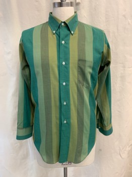 BRENT, Green, Olive Green, Forest Green, Lt Green, Polyester, Cotton, Stripes, Button Front, Collar Attached, Button Down Collar, Long Sleeves, Left Chest Pocket