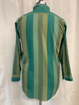 BRENT, Green, Olive Green, Forest Green, Lt Green, Polyester, Cotton, Stripes, Button Front, Collar Attached, Button Down Collar, Long Sleeves, Left Chest Pocket