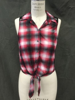 Womens, Top, POLLY & ESTHER, Red, Black, White, Polyester, Elastane, Plaid, M, Button Front, Collar Attached, Sleeveless, Black Floral Lace Back Yoke, Tie Front Waist