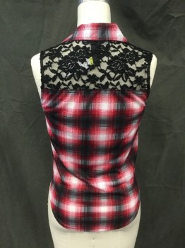 Womens, Top, POLLY & ESTHER, Red, Black, White, Polyester, Elastane, Plaid, M, Button Front, Collar Attached, Sleeveless, Black Floral Lace Back Yoke, Tie Front Waist