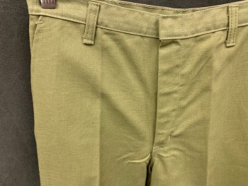 Mens, Slacks, N/L, Avocado Green, Cotton, Solid, 26/30, Flat Front, Zip Fly, 4 Pockets, Belt Loops, 1960's