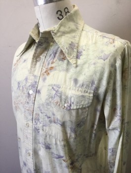 MATTSONS, Ecru, Dusty Lavender, Brown, Cotton, Floral, Outside is Wrong Side of Fabric, Long Sleeve Button Front, Collar Attached, 1 Patch Pocket with Button Flap Closure,