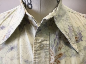 MATTSONS, Ecru, Dusty Lavender, Brown, Cotton, Floral, Outside is Wrong Side of Fabric, Long Sleeve Button Front, Collar Attached, 1 Patch Pocket with Button Flap Closure,
