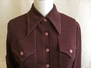 Womens, Jacket, ACT III, Brown, Polyester, Wool, Solid, B:38, Brown with Double Tan Top Stitches, Collar Attached, , Button Front, 2 Pockets with Extended Yoke Flap with Matching Button, Long Sleeves, Curved Hem, 1 Vertical  Seam Back Center