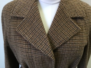 Womens, Trench Coat, ANNA LONGARINI, Lt Brown, Dk Brown, Wool, Houndstooth, B. 38, Single Breasted, Notched Lapel, 2 Welt Pocket, Self Tie Belt, Full Length, with Belt, Grease Spot Back Collar