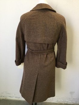 Womens, Trench Coat, ANNA LONGARINI, Lt Brown, Dk Brown, Wool, Houndstooth, B. 38, Single Breasted, Notched Lapel, 2 Welt Pocket, Self Tie Belt, Full Length, with Belt, Grease Spot Back Collar